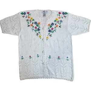 Vintage Crochet Knit Embroidered Sweater Cardigan Pearl Lace Cottagecore Medium